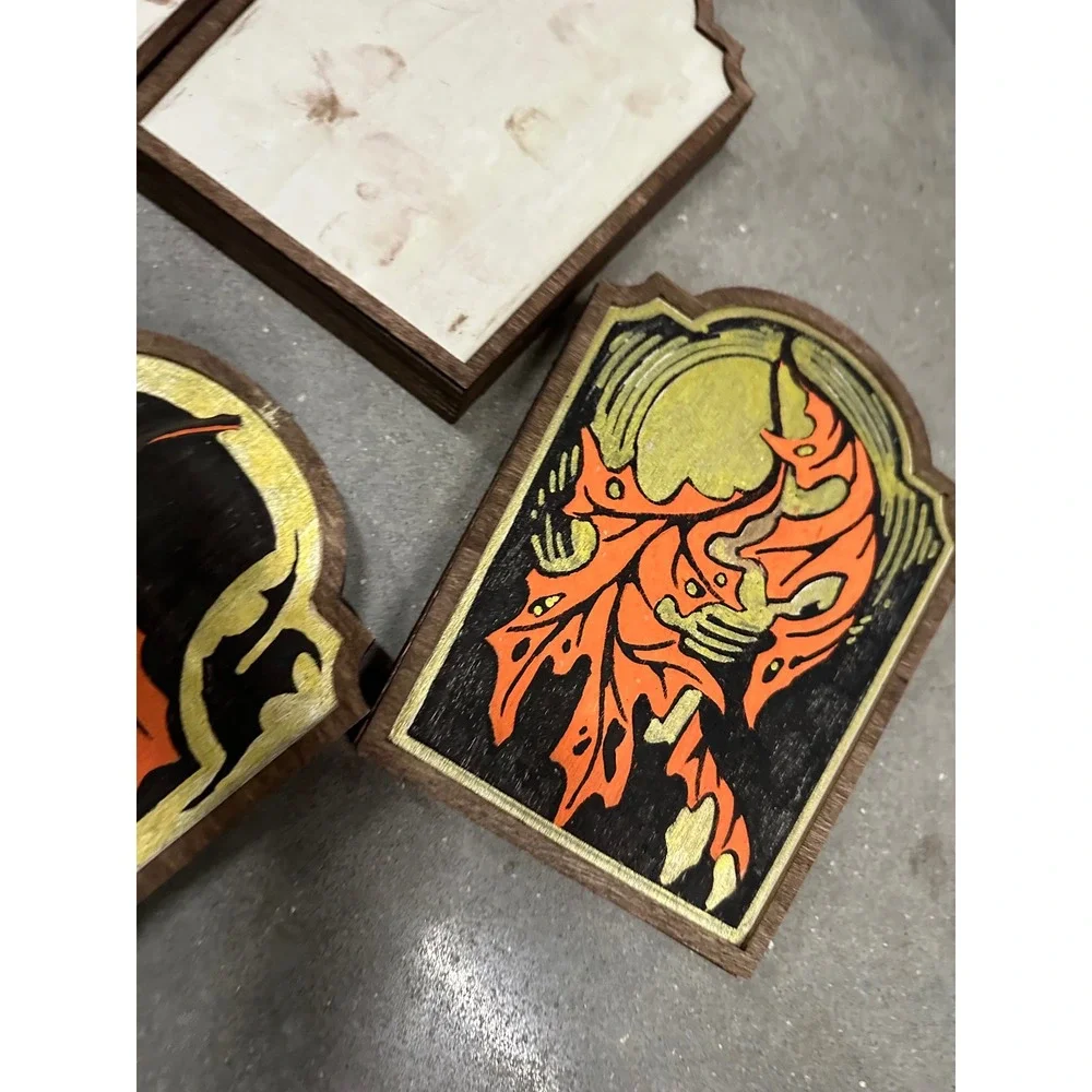 Hand Painted Wooden Tombstone Plaques Autumn Leaf Halloween Decor Set of 6